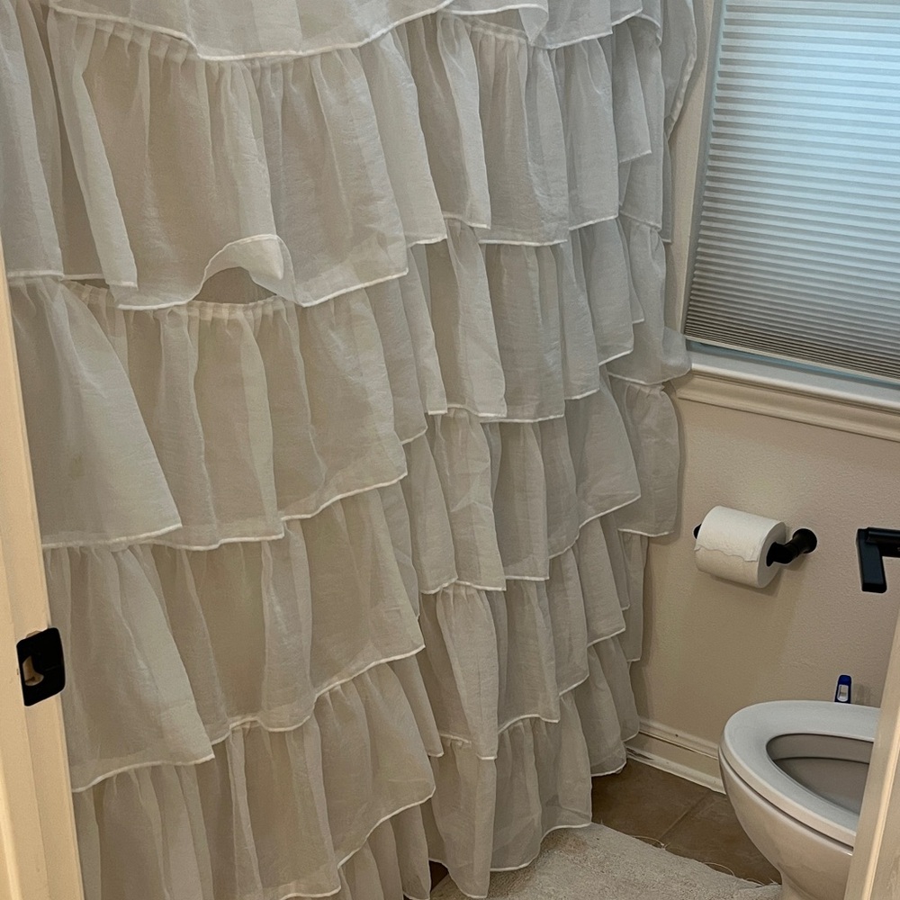 Elegant White Ruffled Shower Curtain
It is much brighter white than the picture.